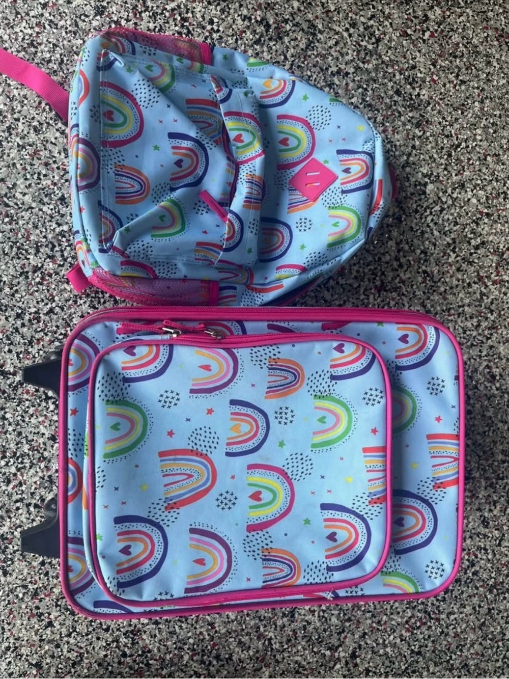 Kids Rainbow Print Blue Backpack and Lunchbox Set - Pink Trim